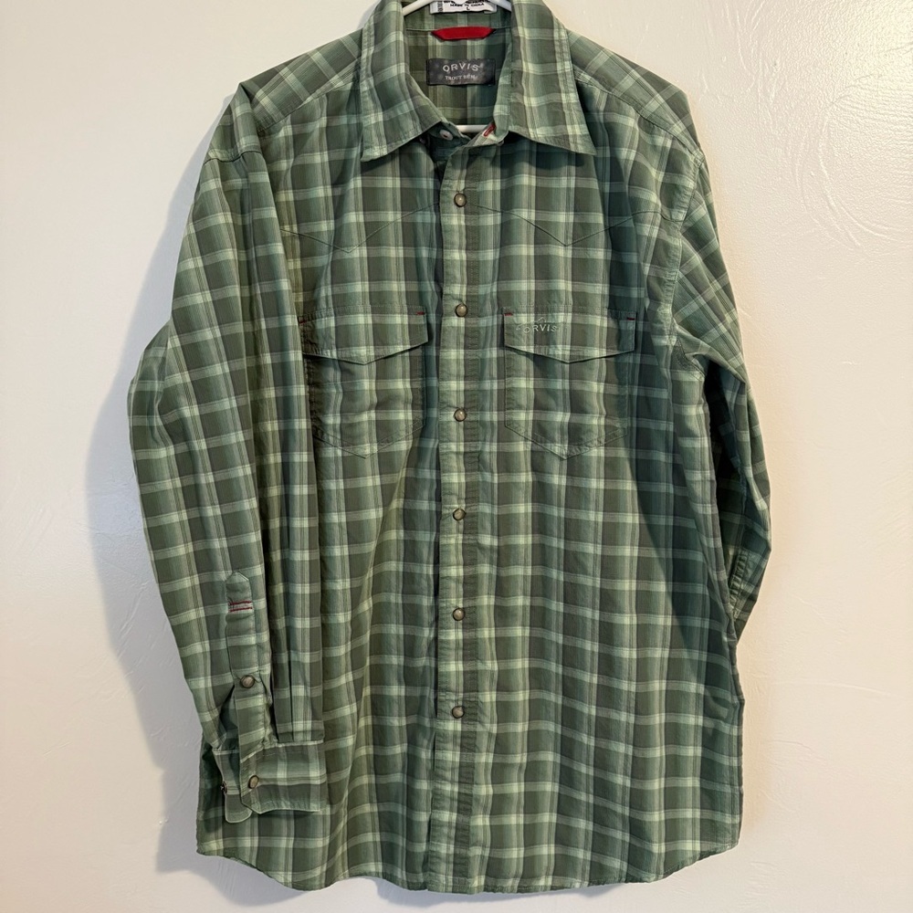 Men’s Orvis Trout Bum Green Plaid Western Shirt with Pearl Snaps Size Large